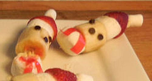Banana marshmallow Santa heads that have fallen over.