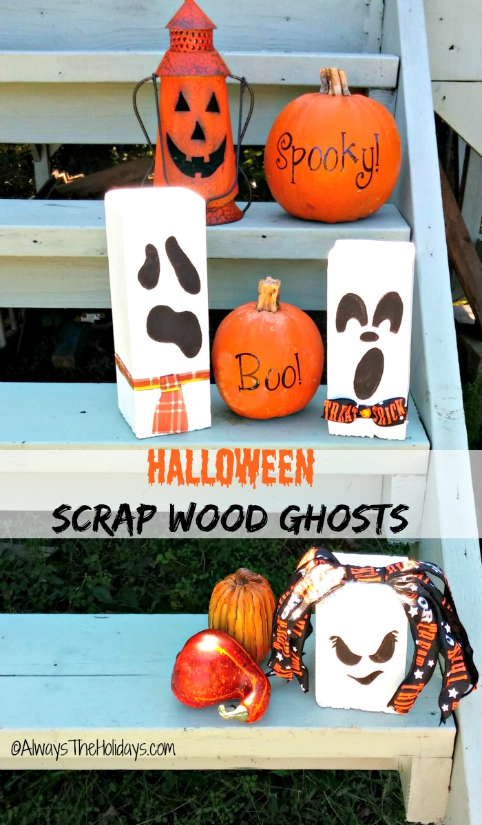 These Halloween scrap wood ghosts are fun and easy to do and add some great seasonal curb appeal to your front step.