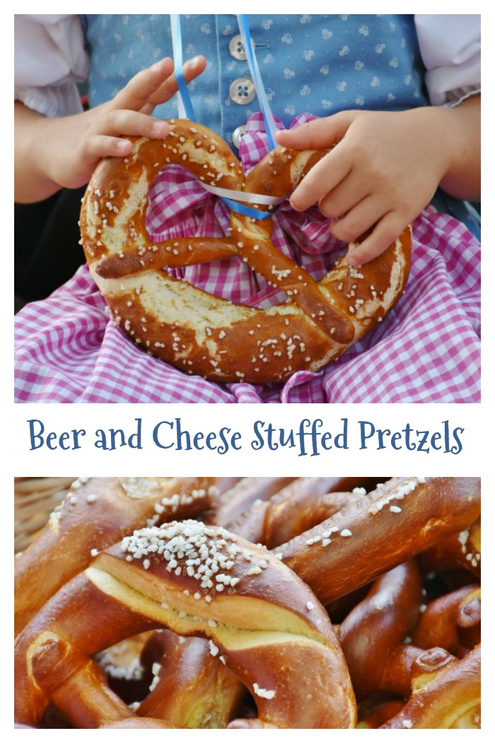 A girl and homemade pretzel with text overlay. A text overlay reading "beer and cheese stuffed pretzels" between two photos - one is a basket of homemade pretzels and the other is a little girl holding a giant pretzel.