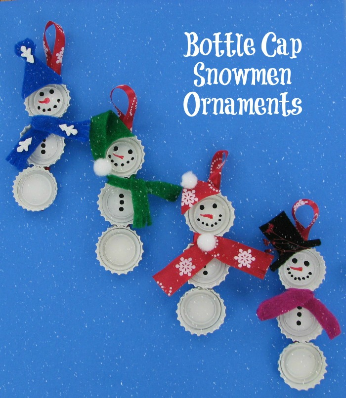 Bottle cap snowman ornaments These Bottle Cap Snowmen DIY Ornaments are very easy to make and the kids will love to be involved in the project.