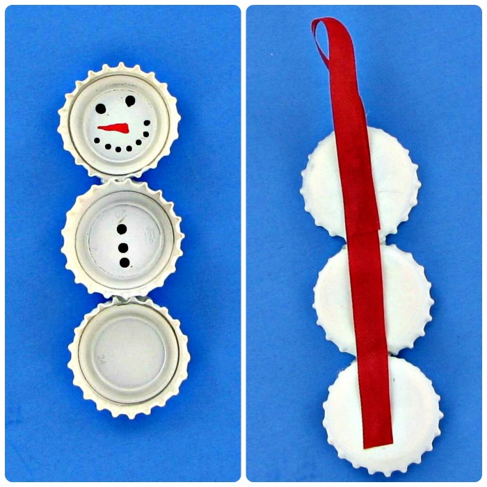 adding hangers Putting together the Bottle Cap Snowman Ornaments is easy