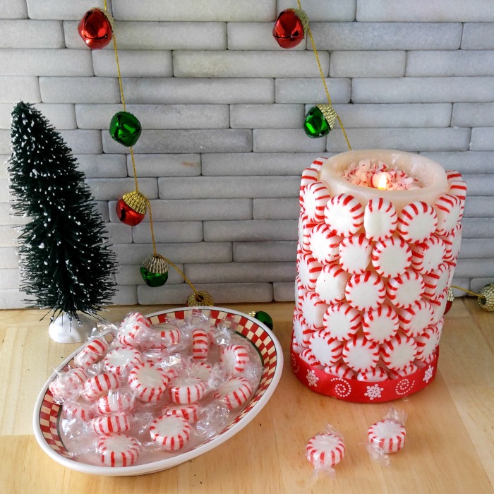 peppermint candle and decorations This Peppermint Candle is right at home on a pretty holiday table.