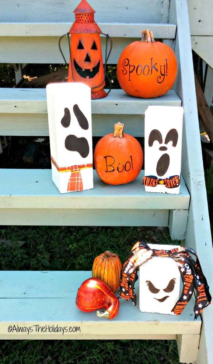 Halloween scrap wood ghosts on the steps