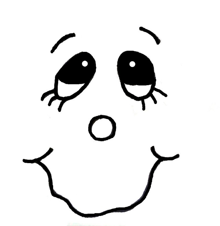 A cute black and white sketch of a snowman face.