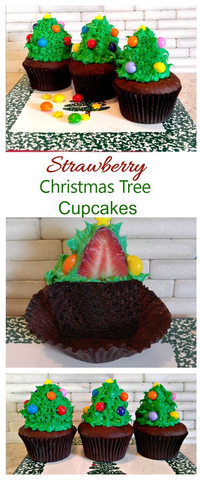These Christmas tree Cupcakes have a healthy strawberry surprise in the middle of the cupcake!