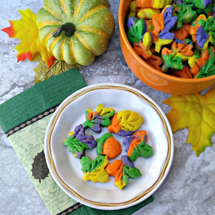 Plate of Thanksgiving autumn leaf cookies.