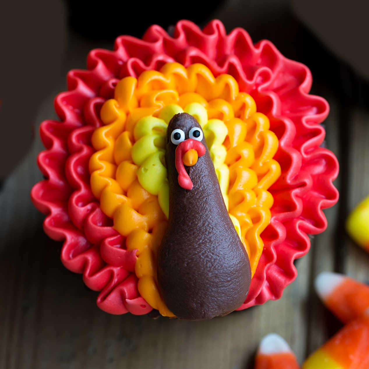 Cute turkey cupcake Cupcake with frosted turkey on top.