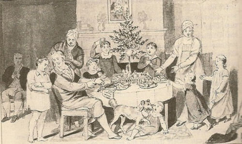 A black and white painting of an early Victorian Christmas tree celebration, with a group of people gathered around the Victorian Christmas tree perched on a table.