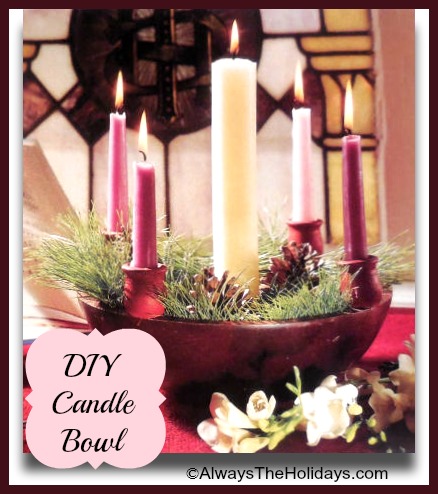 DIY Wooden Candle bowl with holiday greenery