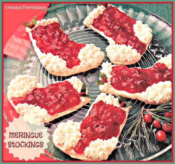 A plate of meringue Christmas stocking cookies.