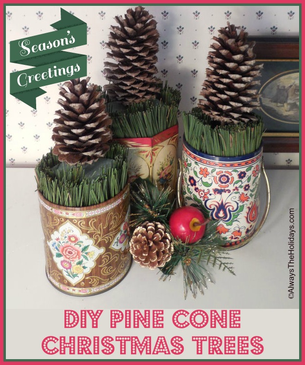 Three DIY pine cone Christmas trees in decorative tins.