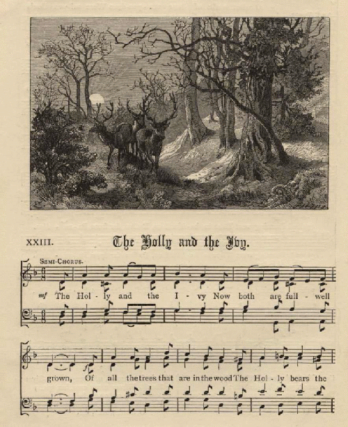 Sheet music from The Holly and the Ivy with an image of reindeer walking through the woods above it.