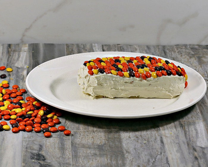 Adding Reese's pieces to the cake. Frosting on cake pieces with MMs to the top of the cake.