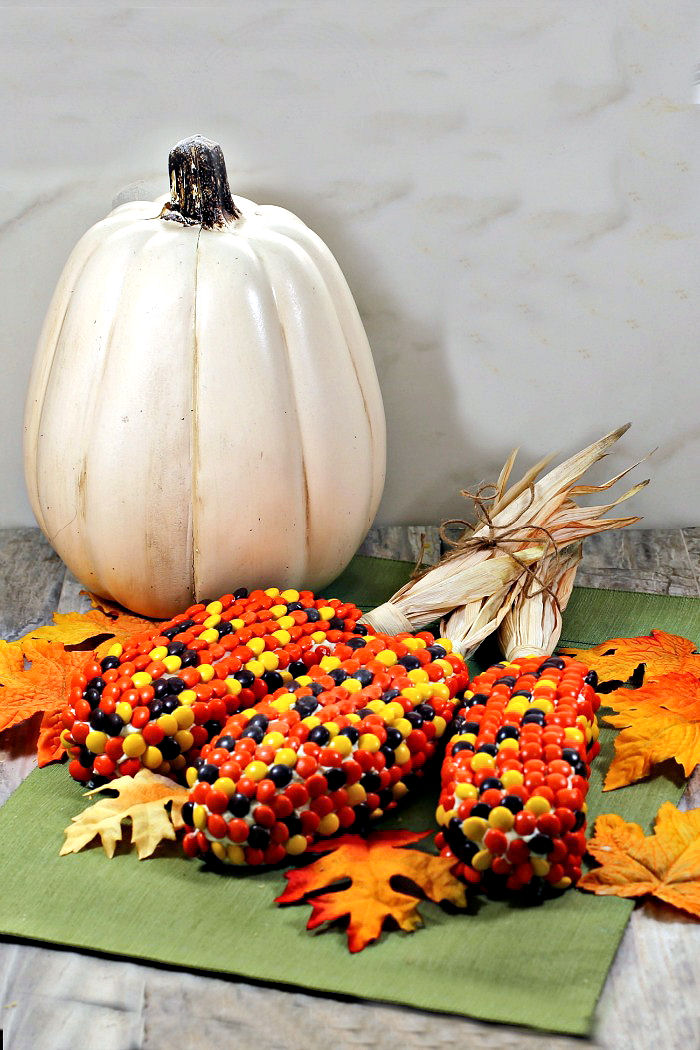 Thanksgiving display. Fall display with pumpkins leaves and harvest cakes.