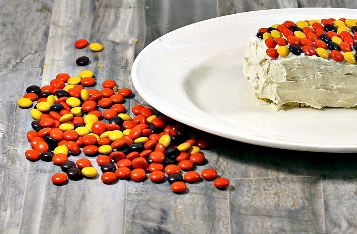 It's time to add some Reese's pieces! Reese's pieces with a cake on a white plate.