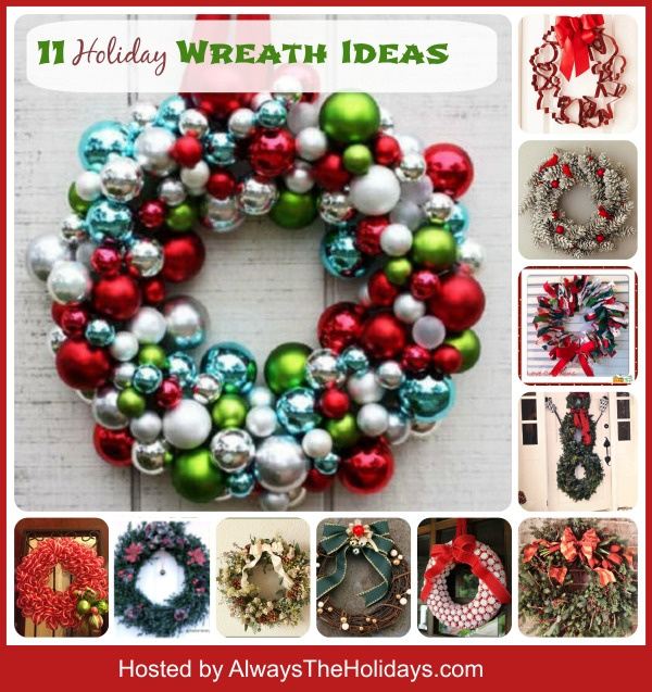 Collage of festive wreath ideas A collage of 11 Christmas wreath ideas, with a large image of a wreath made of ornaments in the top left corner with text over it that reads 11 holiday wreath ideas, with photos of the other ten wreaths in smaller size along the bottom of the image, and the right side of the image.