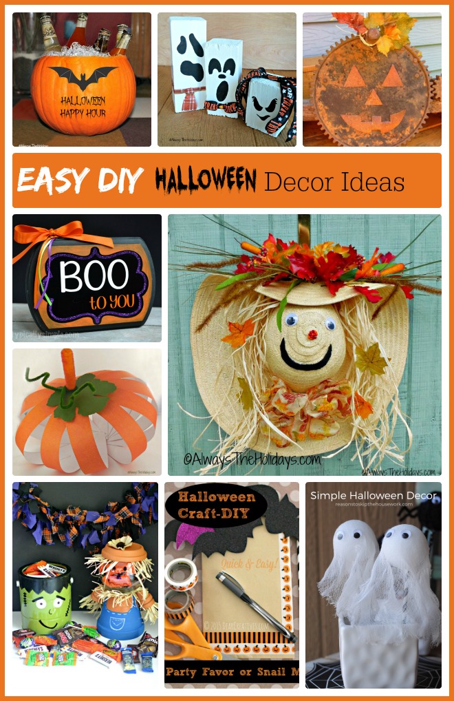 Collage of Halloween projects with test ready "easy DIY Halloween decor ideas." These easy DIY Halloween decor ideas are quick to do and can be done on a budget too.