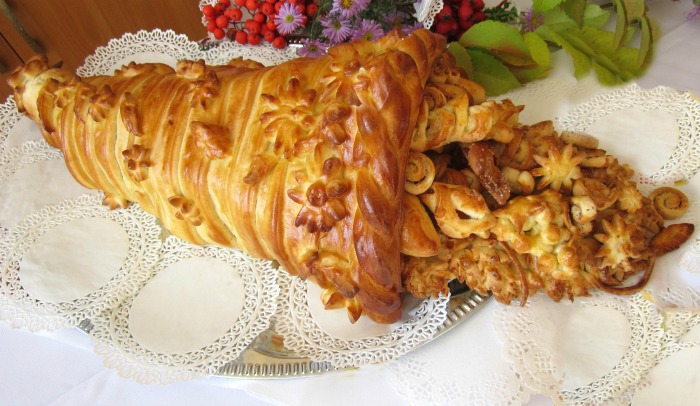 Baked cornucopia centerpiece. Bread baked into the shape of a cornucopia.