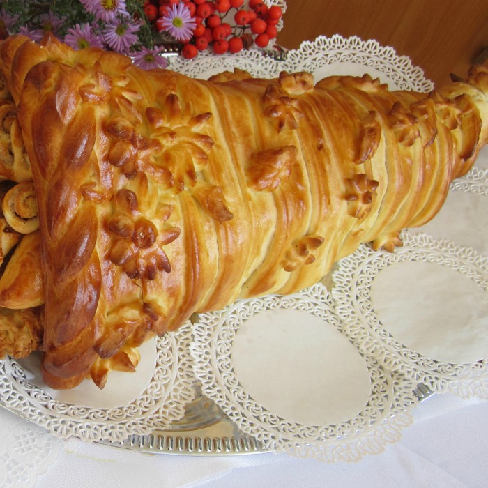 Baked cornucopia made out of bread dough.
