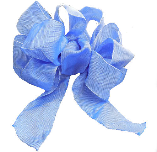 A blue wire wrapped ribbon bow.