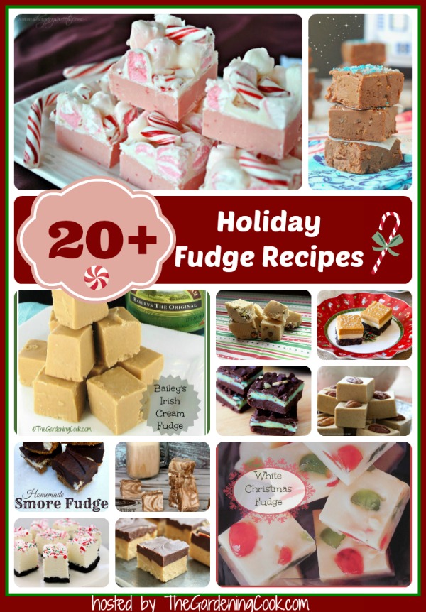 Twelve photos of different types of fudge with a text overlay that reads "20+ holiday fudge recipes hosted by thegardeningcook.com".
