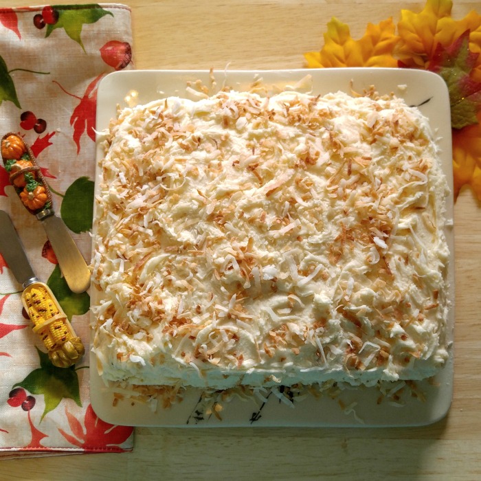 Pumpkin spice cake Pumpkin spice cake with toasted coconut frosting.