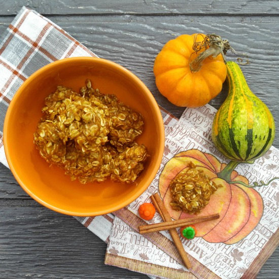 No bake pumpkin spice cookies. No bake pumpkin spice cookies in a bowl on a counter decorated with pumpkins, gourds and festive napkins.