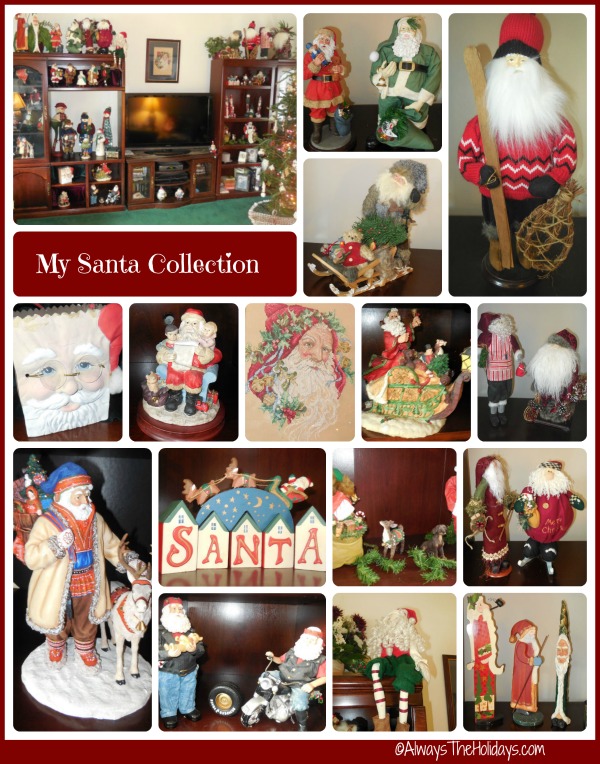 My Santa Claus collection in a collage of 16 different photos.