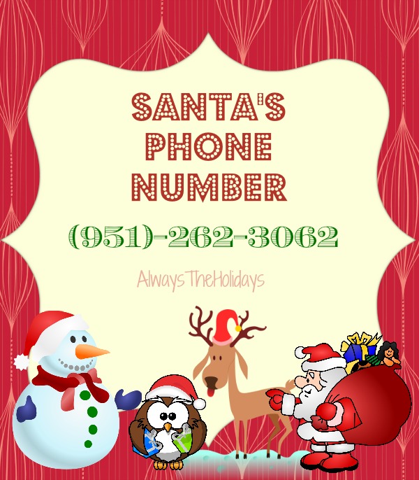 A graphic with Santa's phone number on it, and clipart images of a snowman, reindeer, owl and Santa.