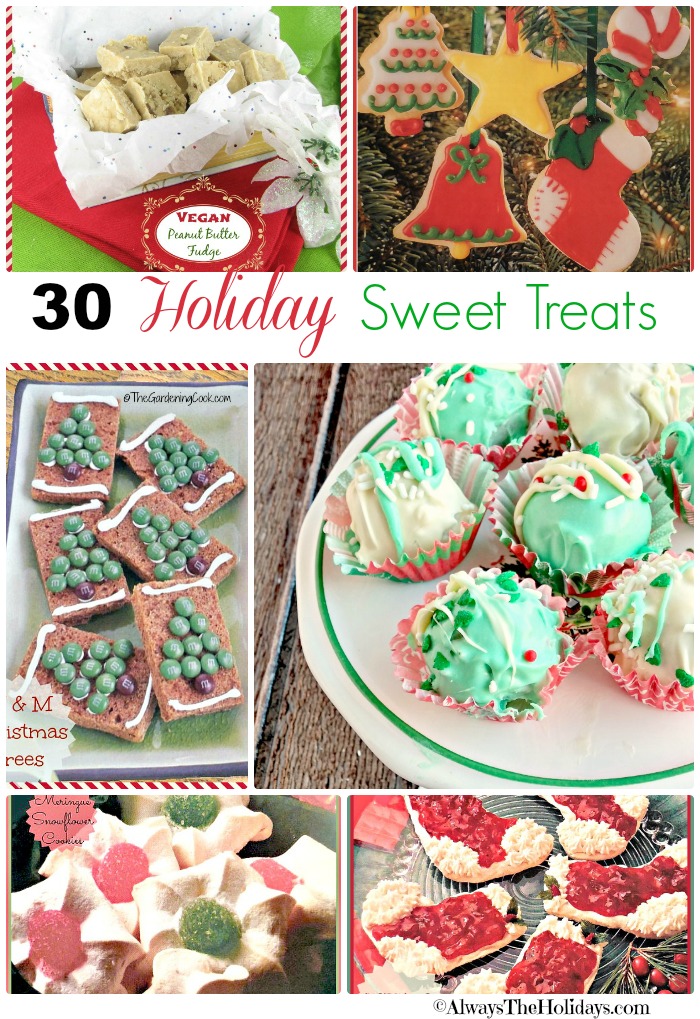 Holiday sweet treats collage. A collage of fudge, Christmas cookies and cupcakes with a text overlay that says "30 Holiday Sweet Treats".