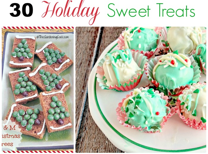 Christmas tree cookies, and festive cupcakes with a text overlay that reads "30 holiday sweet treats".