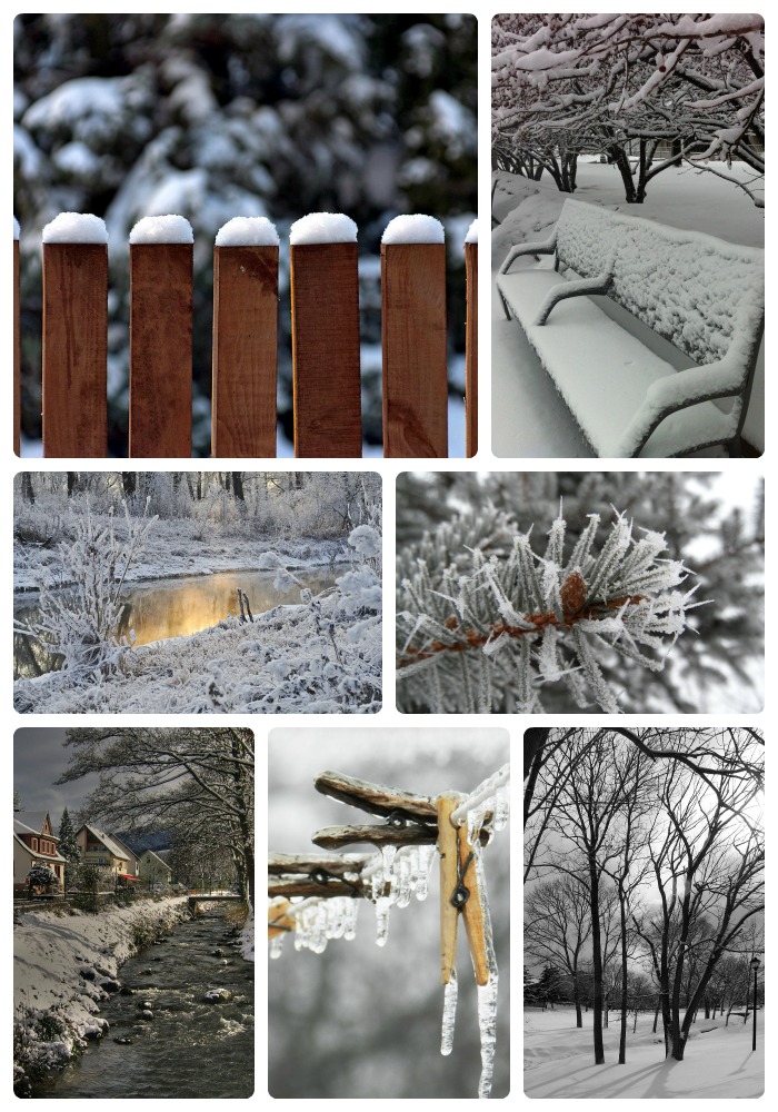 A collage of photos of seven different inspirational winter scenes.