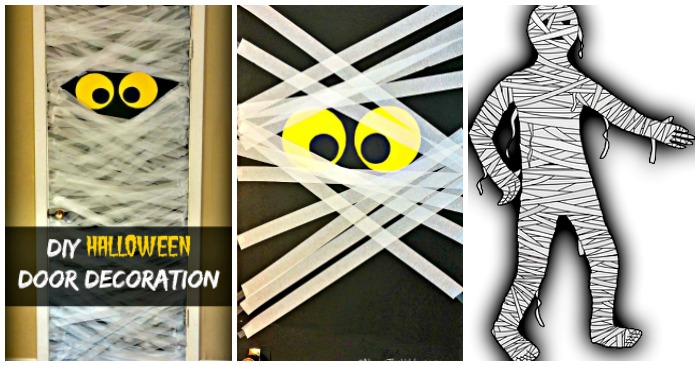 A collage of three images for a DIY mummy door decoration, the one on the left is of the completed project, the one in the middle is a close up of the project being made, and the one on the right is a mummy vector.