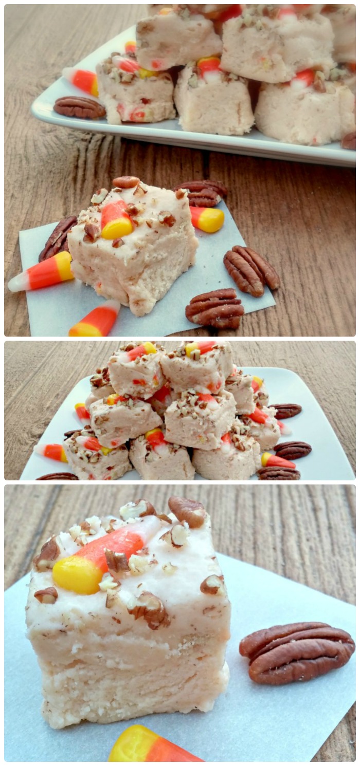 This candy corn pecan fudge is the perfect sweet treat for both Halloween and Thanksgiving.