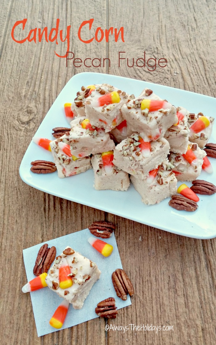 This candy corn pecan fudge is the perfect sweet treat for both Halloween and Thanksgiving.
