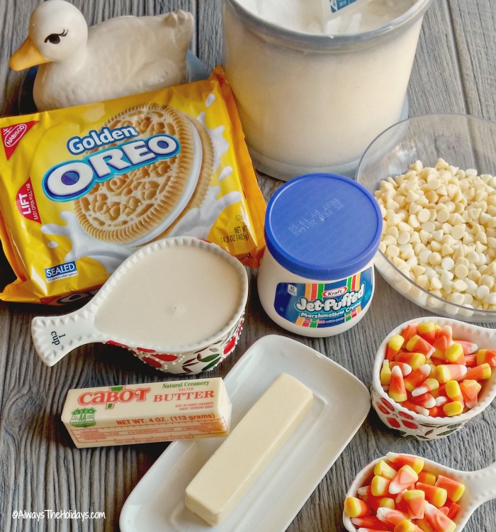 ingredients for candy corn pecan fudge.