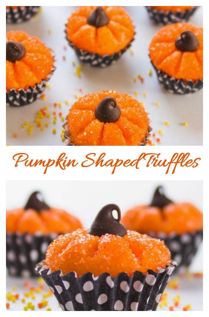 pumpkin shaped truffles These pumpkin shaped truffles are sure to put everyone in a festive mood. Watch them disappear from your Halloween party table.