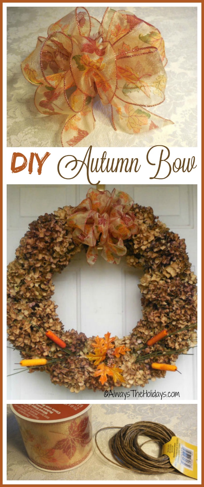This DIY autumn bow is super easy to make and can dress up all your fall decor projects. alwaystheholidays.com