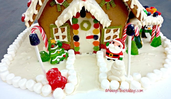 path of a Gingerbread house with street lights Front path to door
