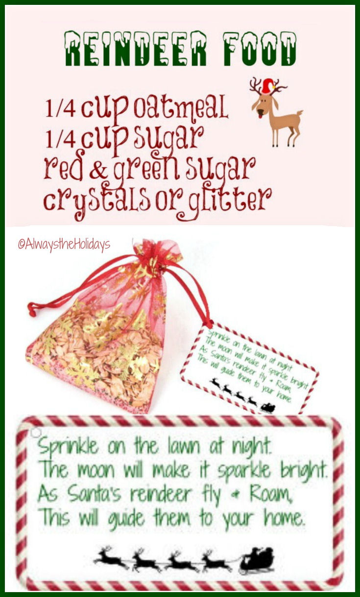 Reindeer food recipe Red bag of oats and sugar with ingredients for reindeer food and a poem on a gift tag to print out.