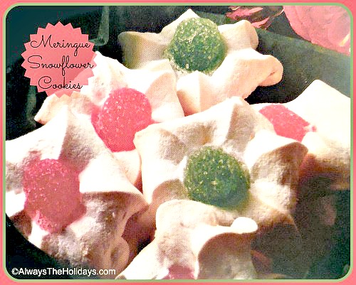 Meringue cookies. Meringue snow flower cookies with gumdrop centers.