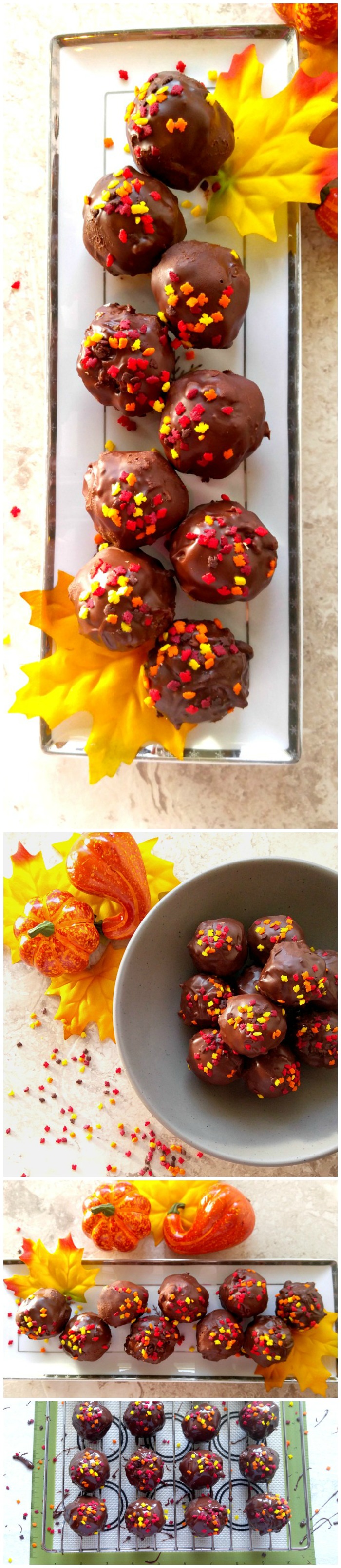 Theses peanut butter chocolate truffles have a lovely coating of chocolate with some autumn leaf sprinkles. I love the texture that flax seeds and chia seeds add to the mixture.