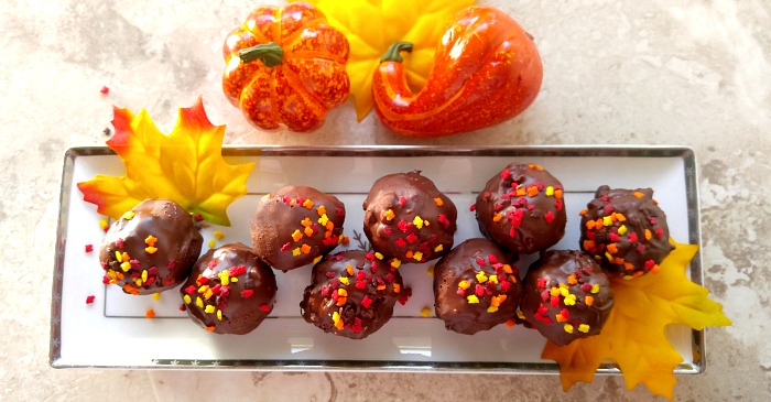 Theses peanut butter chocolate truffles have a lovely coating of chocolate with some autumn leaf sprinkles. I love the texture that flax seeds and chia seeds add to the mixture.