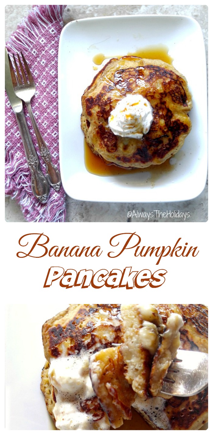 These banana pumpkin pancakes will welcome in fall in a very tasty way. Great to serve for Thanksgiving breakfast!