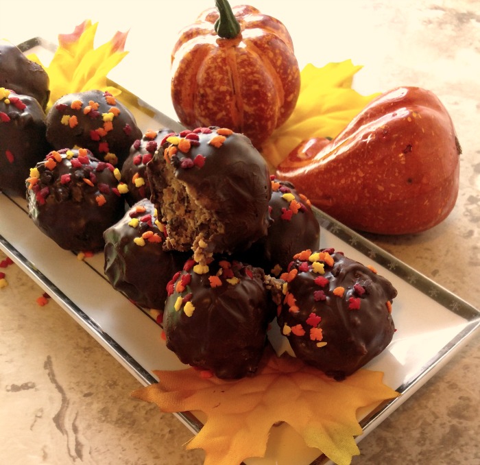 Theses peanut butter chocolate truffles have a lovely coating of chocolate with some autumn leaf sprinkles. I love the texture that flax seeds and chia seeds add to the mixture.