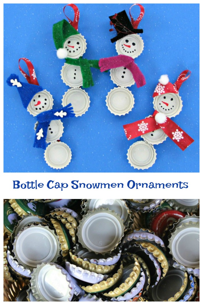 bottle cap ornaments These bottle cap snowmen ornaments are super easy to make and the kids will love to be involved in the project.
