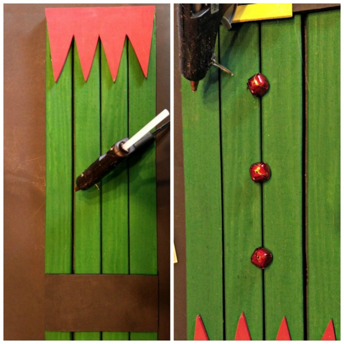 Hot glue the patterns and bell buttons