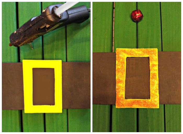 Hot glue the belt and add gold glitter glue to the buckle