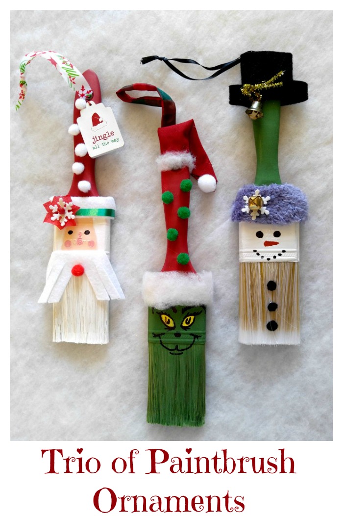Paint brush ornaments This trio of paint brush ornaments, cost just $5 to make and are done quickly. Hang them on a Christmas tree or use them as wall decor.