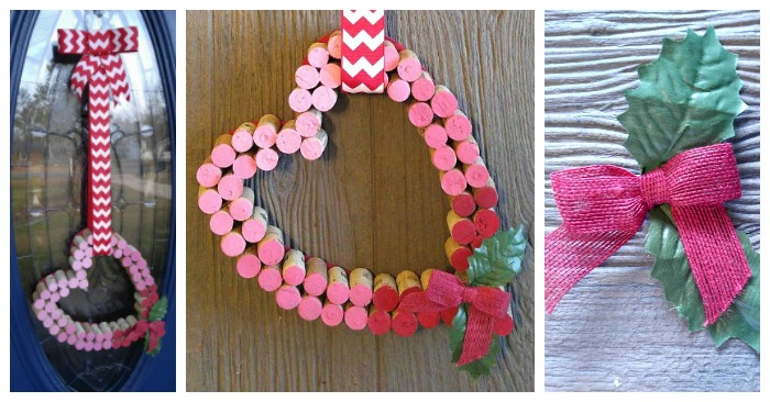 Valentine's Day heart door decor collage A wine cork heart front door decoration collage, with the completed heart door decoration on the left, and process shots of it being made to the right of it.